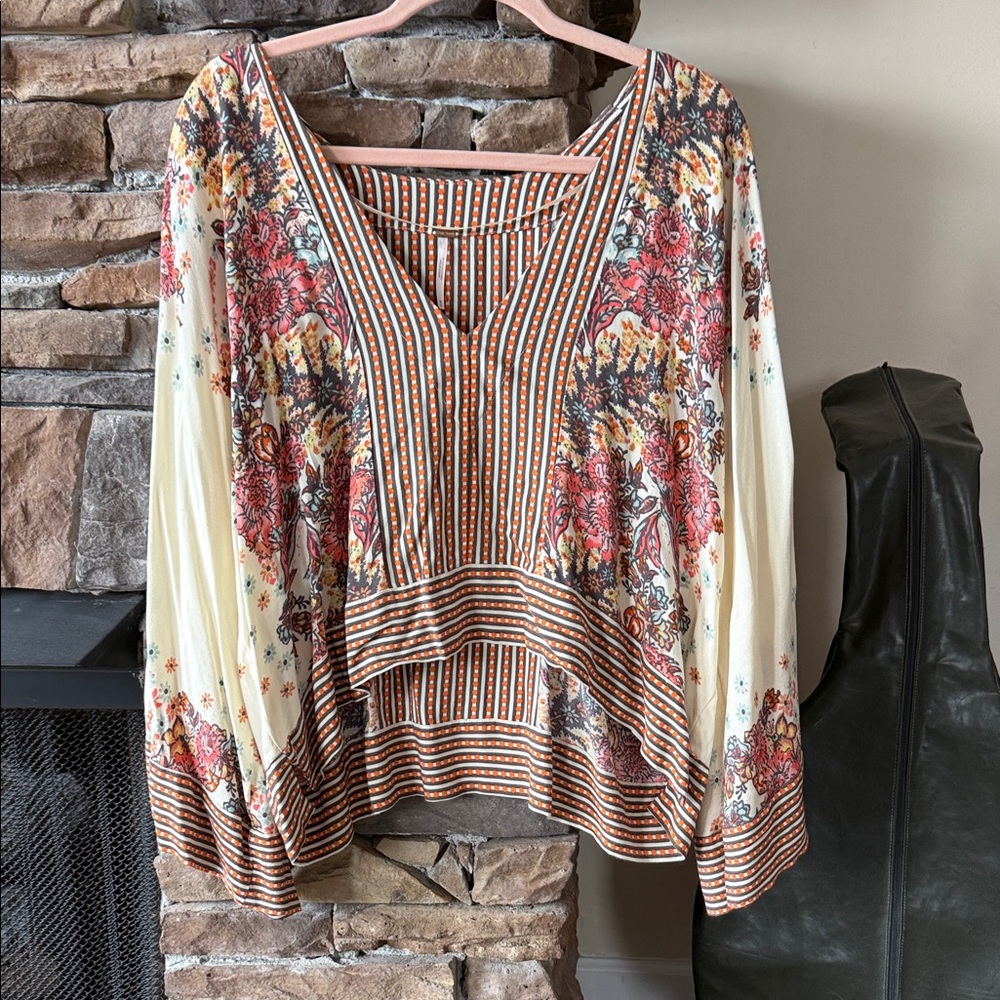 Free People Floral Stripe V-Neck Tunic - Cream, Rust, Pink, Brown
